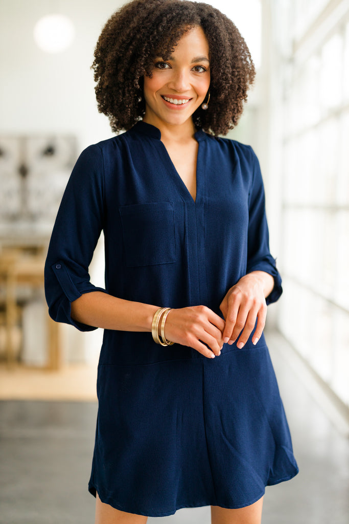 Chic Navy Blue Shift Dress - Classic ...